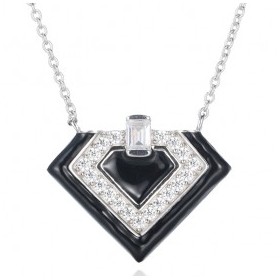 Collier Long Art Déco en Argent avec Pierres Zirconium et Onyx