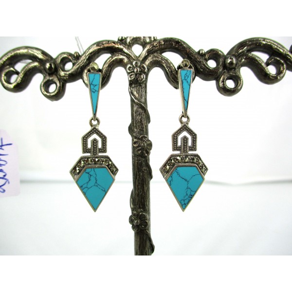 Boucles d'Oreilles Art Déco Pendantes en Argent et Turquoise