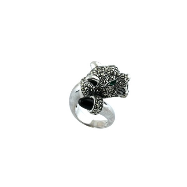 Bague Art Déco Panthère en Argent avec Onyx et émeraude