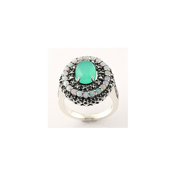 Bague Art Déco vintage en Argent avec Pierre de Chrysoprase et Opale