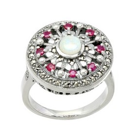 Bague Vintage en Argent avec Opale et Rubis