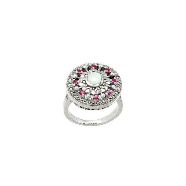 Bague Vintage en Argent avec Opale et Rubis