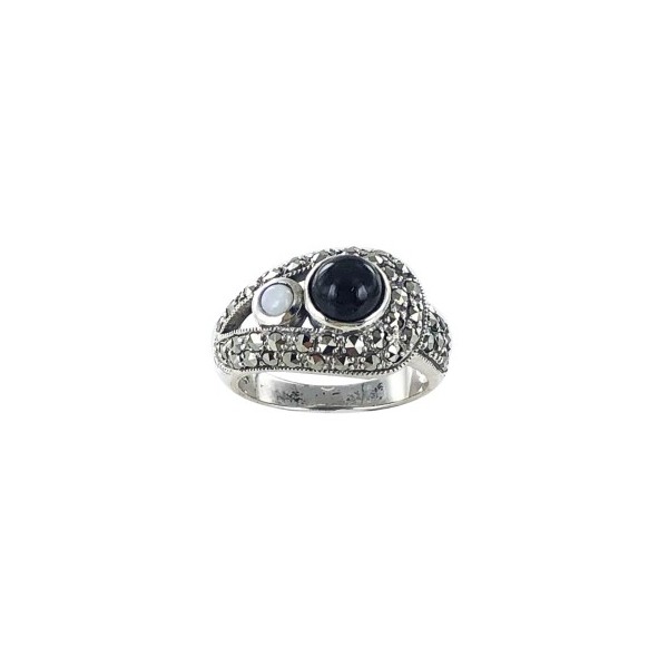 Bague Art déco en argent avec Onyx Noir et opale