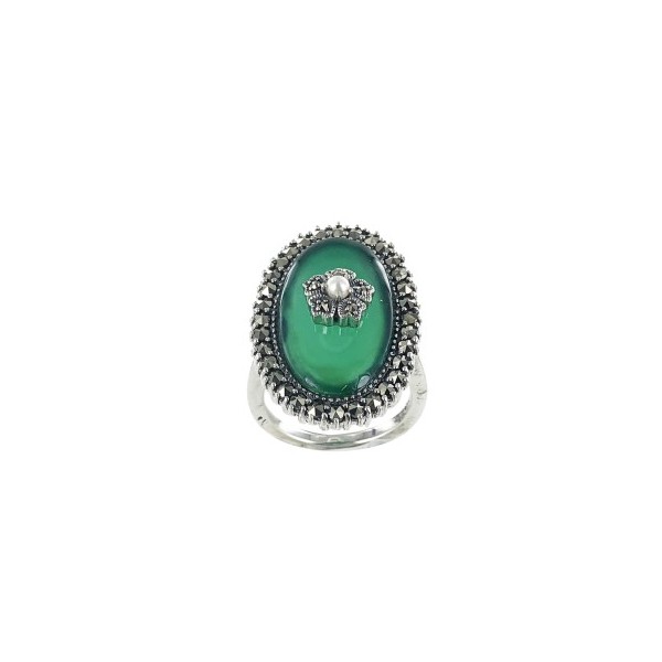 Bague rétro en Argent avec Agate Verte et Perle