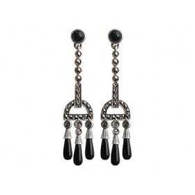 Boucles d'Oreilles Vintage Pendantes en Argent et Onyx