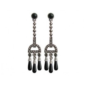 Boucles d'Oreilles Vintage Pendantes en Argent et Onyx