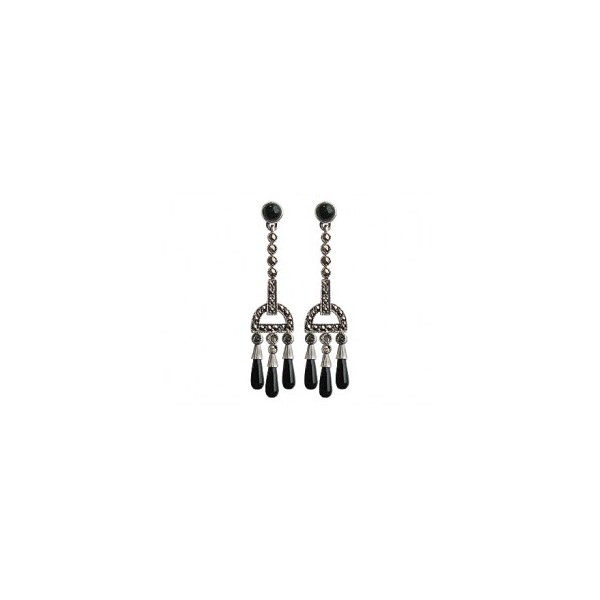 Boucles d'Oreilles Vintage Pendantes en Argent et Onyx