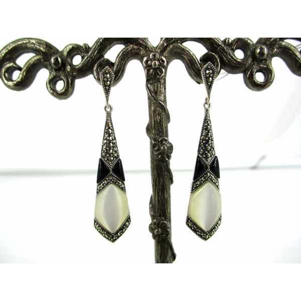 Boucles d'Oreilles Vintages Pendantes en Argent et Nacre