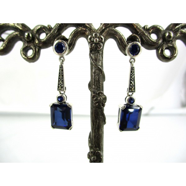 Boucles d'Oreilles Vintage en Argent et Zirconium Bleu