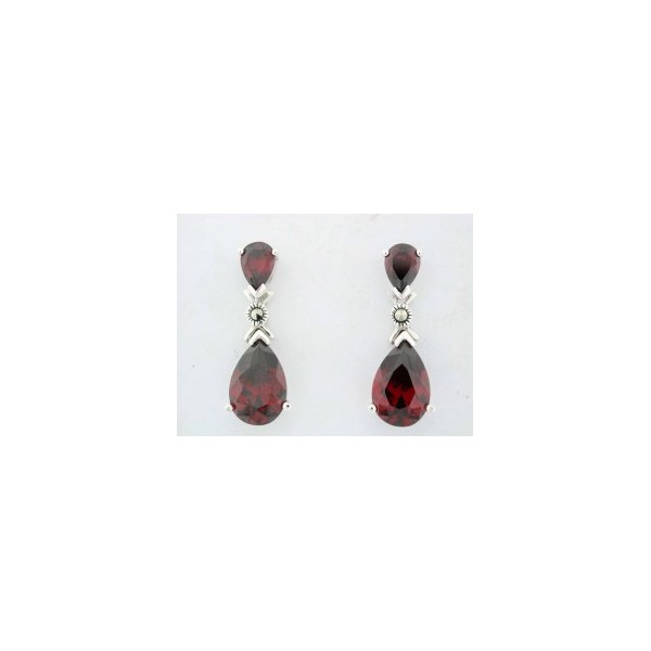 Boucles d'Oreilles Pendantes en Argent et Zirconium Rouge