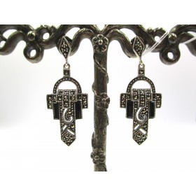 Boucles d'Oreilles Pendantes en Argent et Onyx