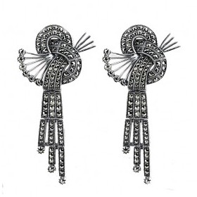 Boucles d'Oreilles Art Déco Pendantes en Argent et Pierres de Marcassites