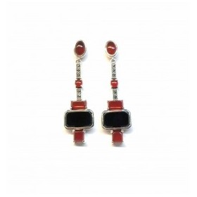 Boucles d'Oreilles Art déco Pendantes en Argent avec Pierres Cornaline et Onyx Noir