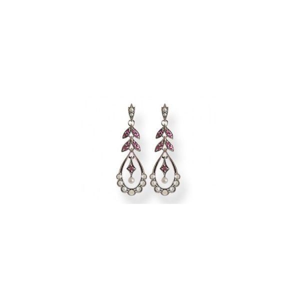 Boucles d'Oreilles Vintage Pendantes en Perles de Culture et Rubis