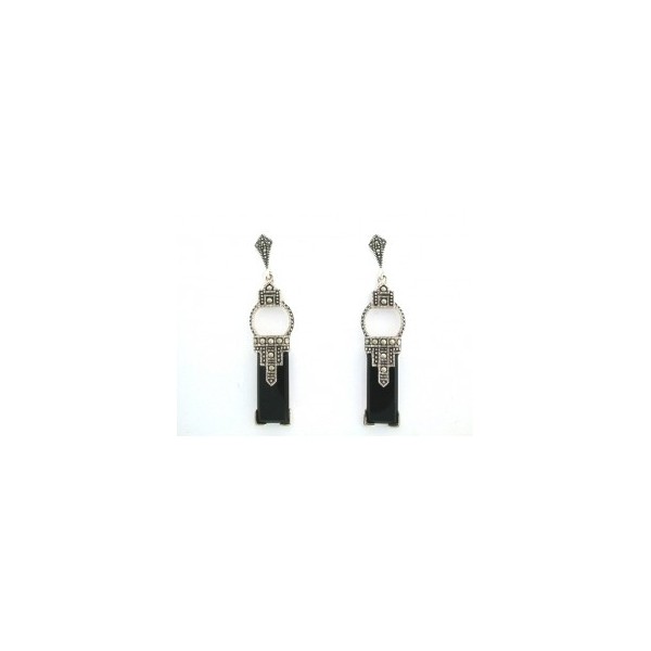 Boucles d'Oreilles Art déco Pendantes en Argent et Onyx