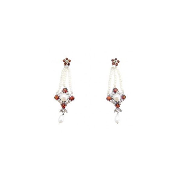 Boucles d'Oreilles Art déco Pendantes en Argent avec Grenat et Perles