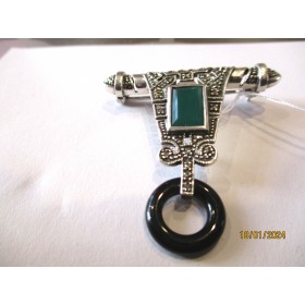 Broche Art Déco en Argent Pierres Agate et Onyx