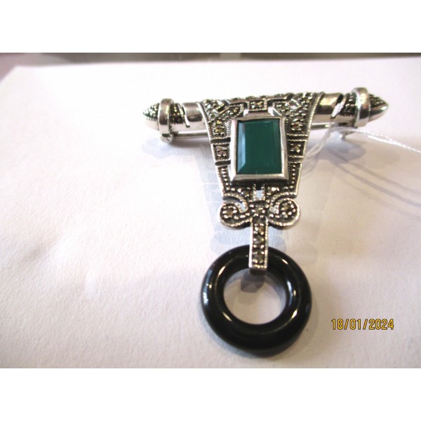 Broche Art Déco en Argent Pierres Agate et Onyx