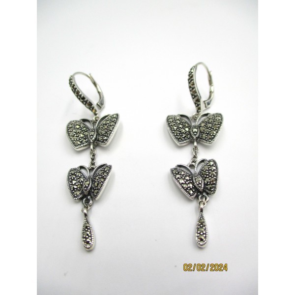 Boucles d' Oreilles Vintage Pendantes Papillons en Argent