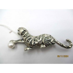 Broche Panthère Art Déco en Argent et Perles