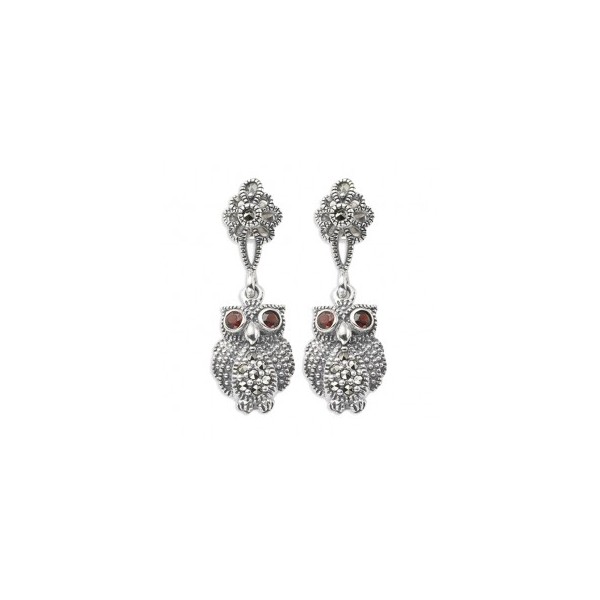 Boucles d'Oreilles Chouette Pendantes en Argent et Grenat