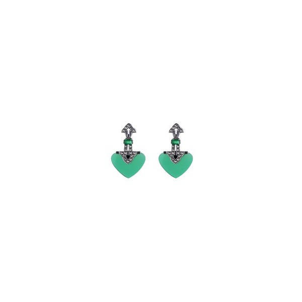 Boucles d'Oreilles Pendantes art déco en Argent et Agate Verte