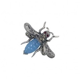 Broche Rétro en Argent avec Jade et Rubis