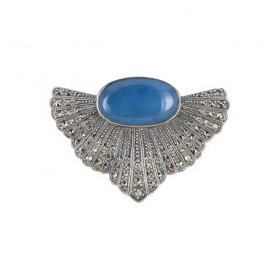 Broche Rétro Art Déco en Argent et Jade Bleu