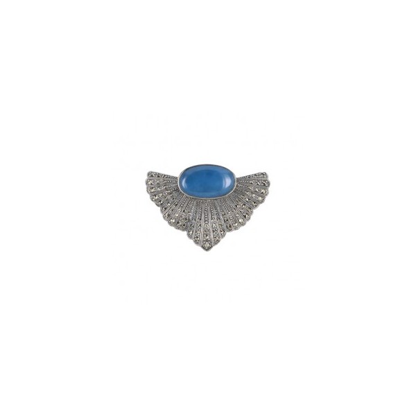 Broche Rétro Art Déco en Argent et Jade Bleu