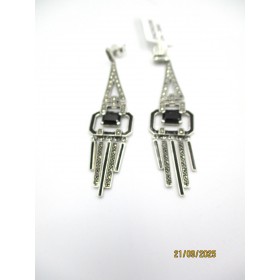 Boucles d'Oreilles Pendantes Art Déco en Argent et Onyx