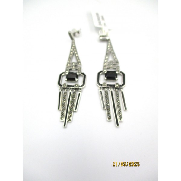 Boucles d'Oreilles Pendantes Art Déco en Argent et Onyx