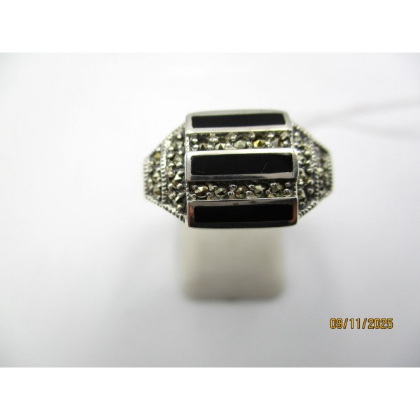 Bague Art déco Trilogie en Argent et Onyx Noir