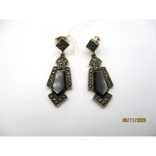 Boucles d'Oreilles Pendantes Art Déco en Argent et Onyx