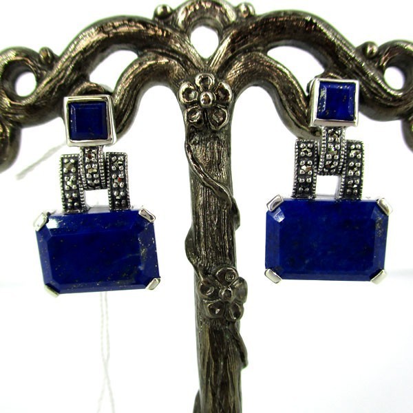 Boucle d'oreille vintage art déco en argent et lapis lazuli