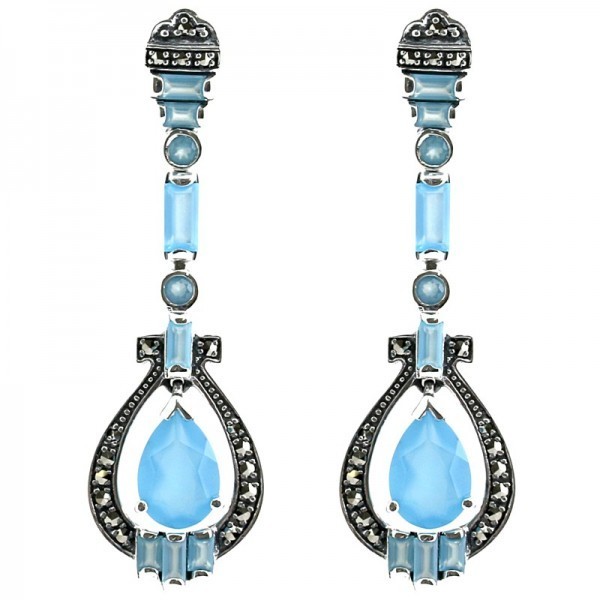 Boucles d'oreilles vintage en argent 925 serties d'agates bleues