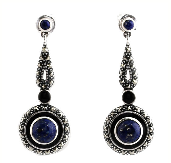 Boucles d'oreilles de style art déco en argent 925 avec lapis lazuli et onyx