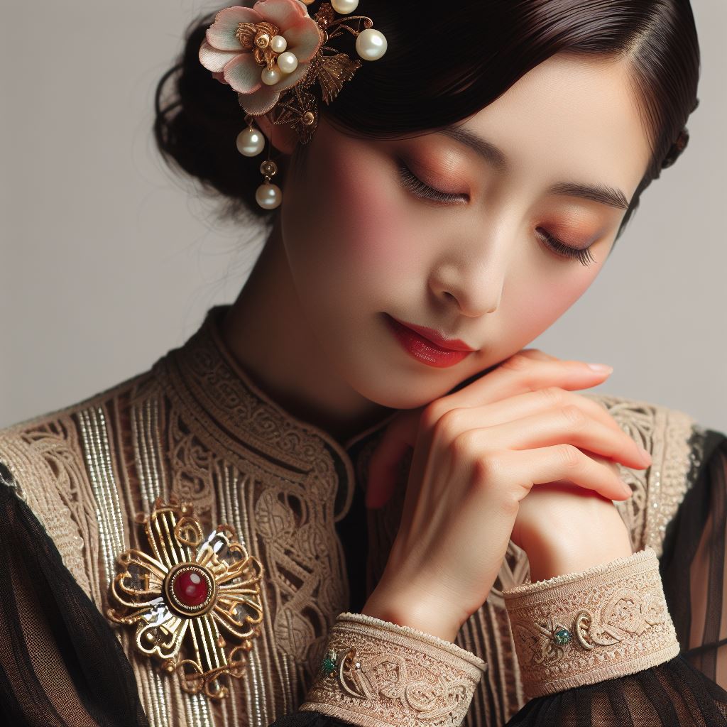 Femme asiatique portant une broche art déco