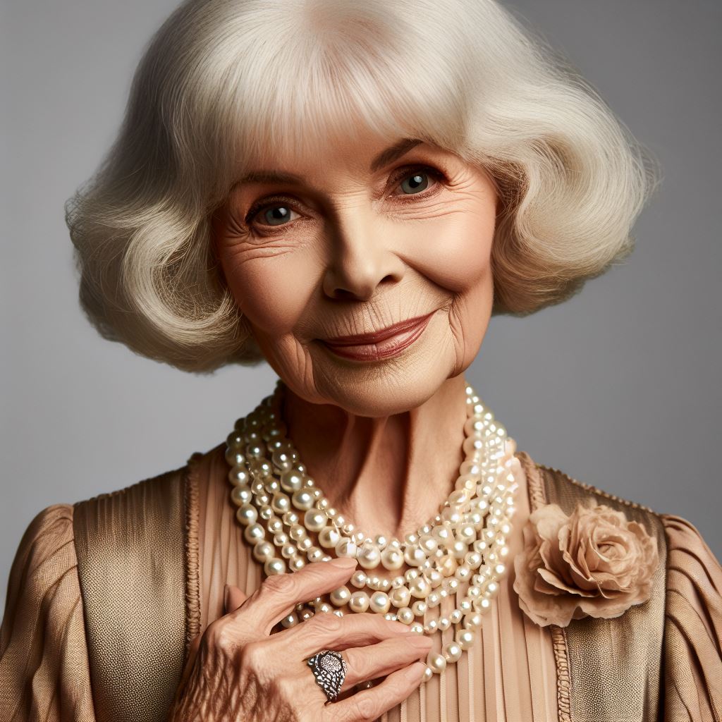 Femme d'âge mûr portant un collier de perles vintage