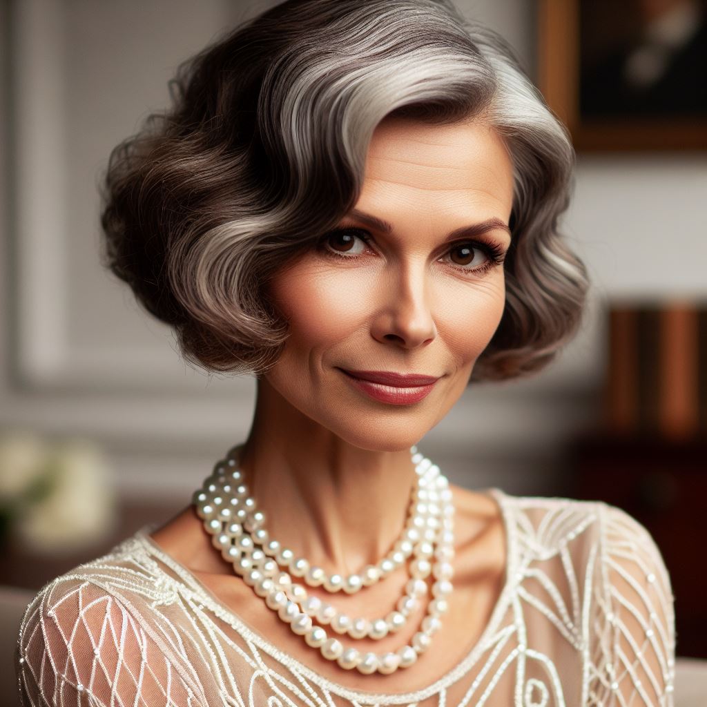 Femme portant un collier de perles blanches vintage