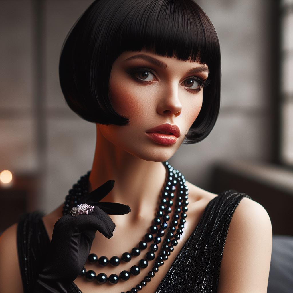 Femme portant un collier de perles noires