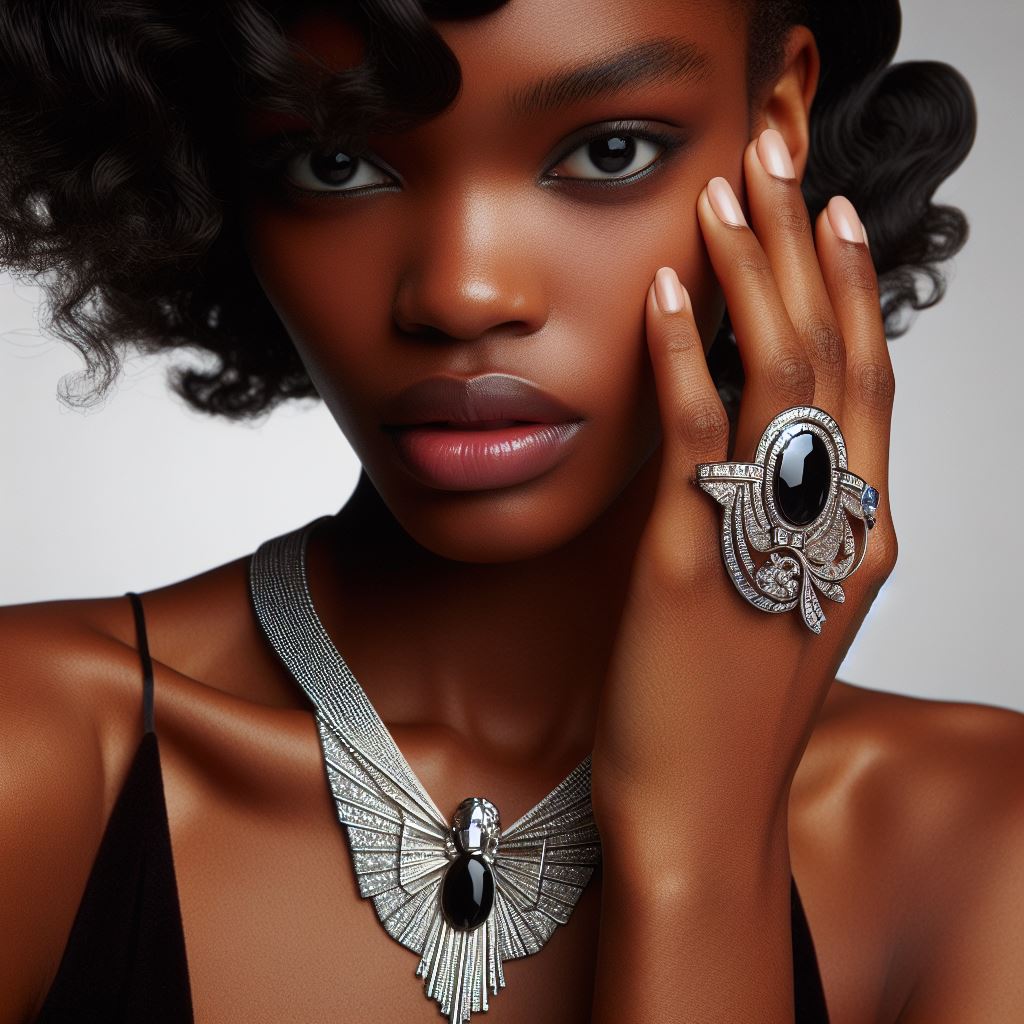 Femme noire portant des bijoux art déco vintage