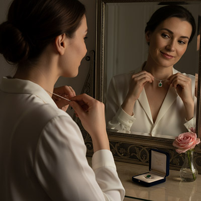 femme admire son coliier d'anniversaire dans le miroir