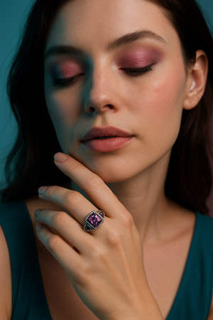 femme portant une bague de style art déco sertie d'une améthyste