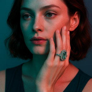 Femme portant une bague cocktail de style art déco