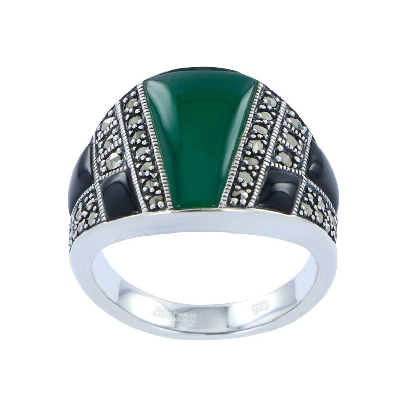 Bague de style art déco en argent onyx et agate verte